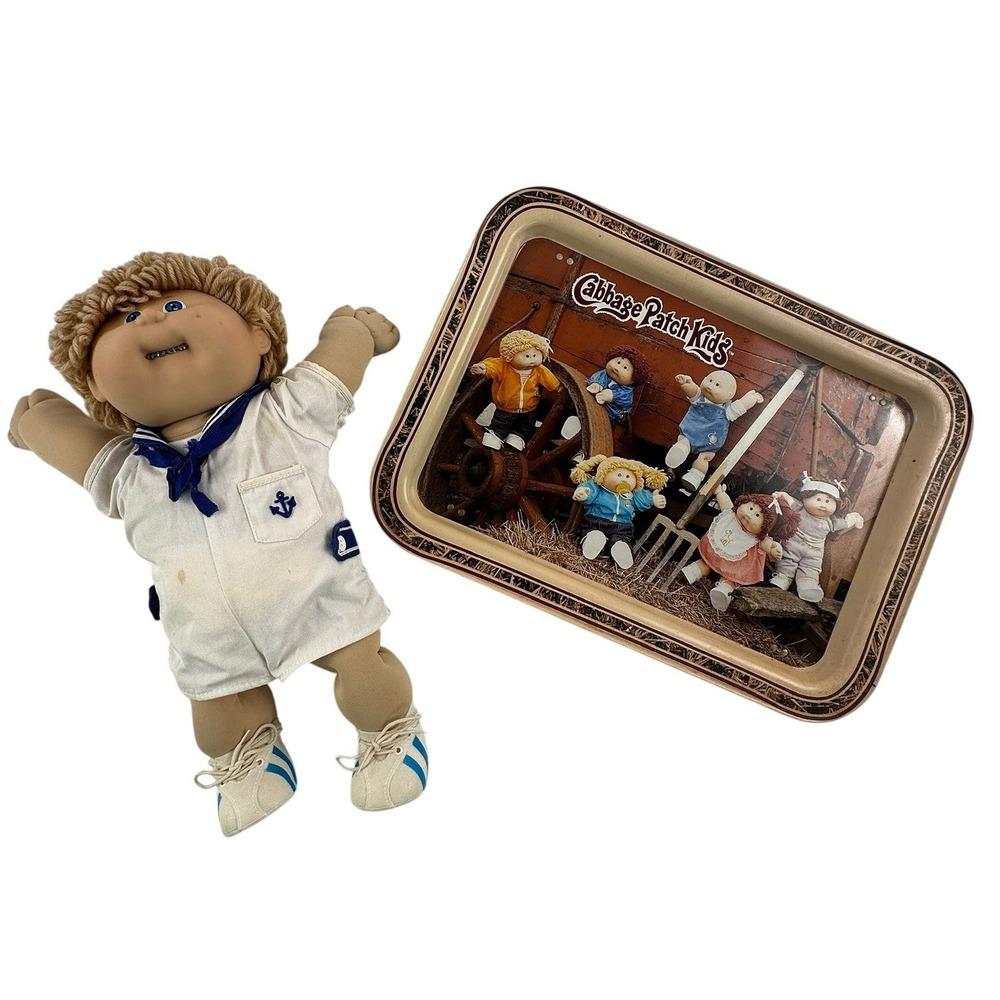 Cabbage Patch Kids Unisex 16" Doll and Metal TV Snack Tray Tan Vintage 1980s Set